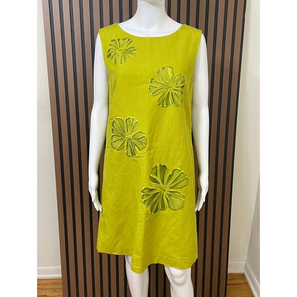 Tahari Women's 10 Green Dress 100% Linen Shift Embroidered Floral Appliqué - Picture 1 of 11